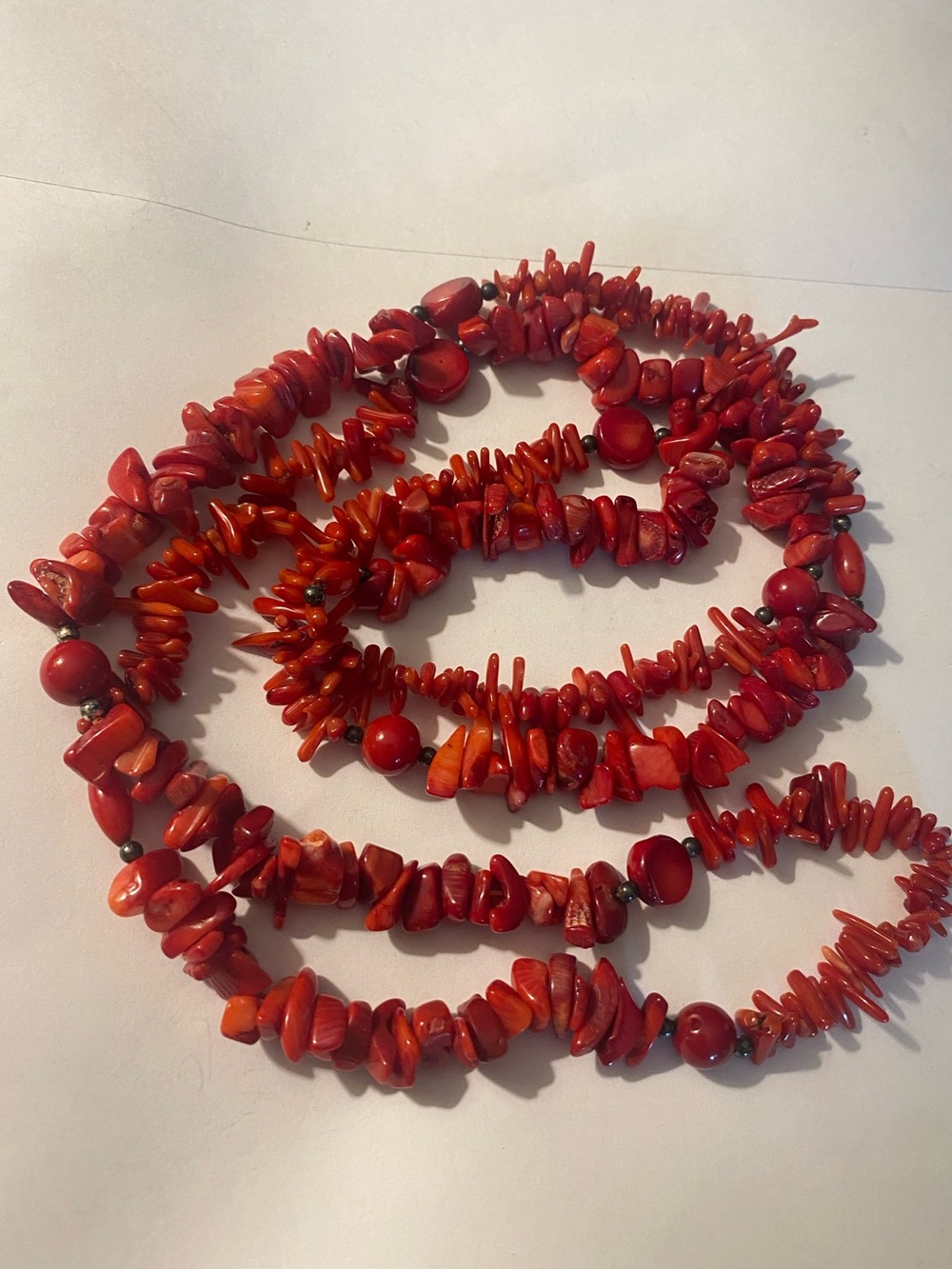 Vintage Red Coral Irregular Chip & Coral Bead Necklace Silver Metal Spacers 40”